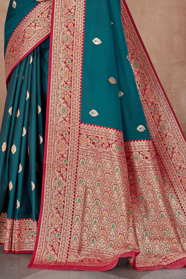Dark Aqua With Maroon Banarasi Silk Weaved Broad Border Saree