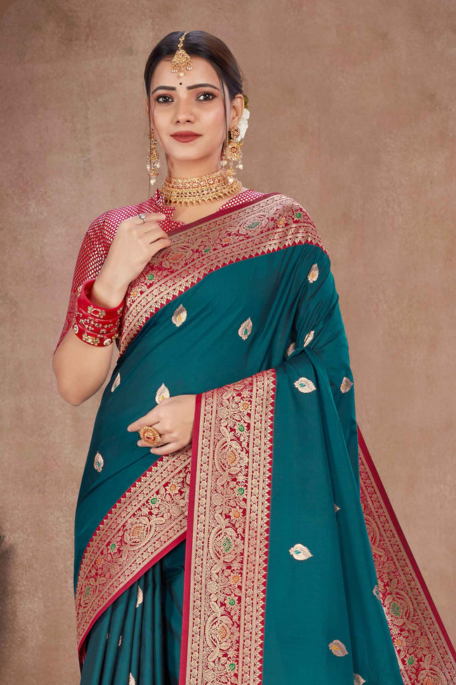 Dark Aqua With Maroon Banarasi Silk Weaved Broad Border Saree