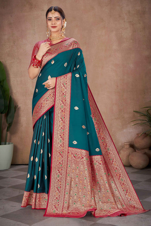 Dark Aqua With Maroon Banarasi Silk Weaved Broad Border Saree