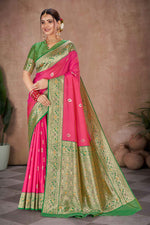 Rasberry With Green Banarasi Silk Weaved Broad Border Saree