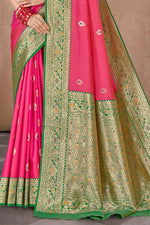 Rasberry With Green Banarasi Silk Weaved Broad Border Saree