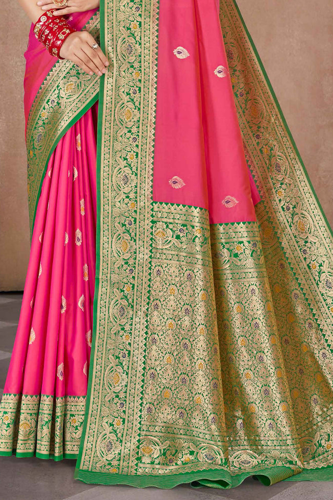 Rasberry With Green Banarasi Silk Weaved Broad Border Saree