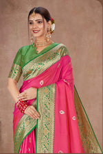 Rasberry With Green Banarasi Silk Weaved Broad Border Saree