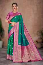 Mint Green With Fuchsia Banarasi Silk Weaved Broad Border Saree