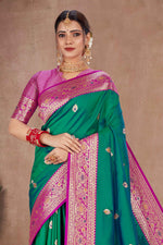 Mint Green With Fuchsia Banarasi Silk Weaved Broad Border Saree