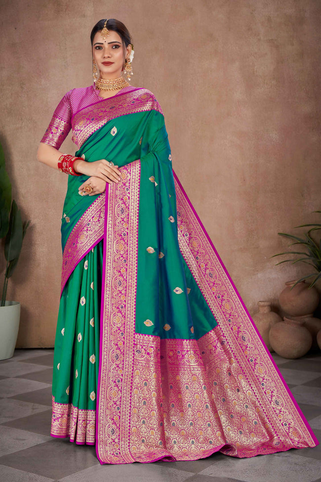 Mint Green With Fuchsia Banarasi Silk Weaved Broad Border Saree