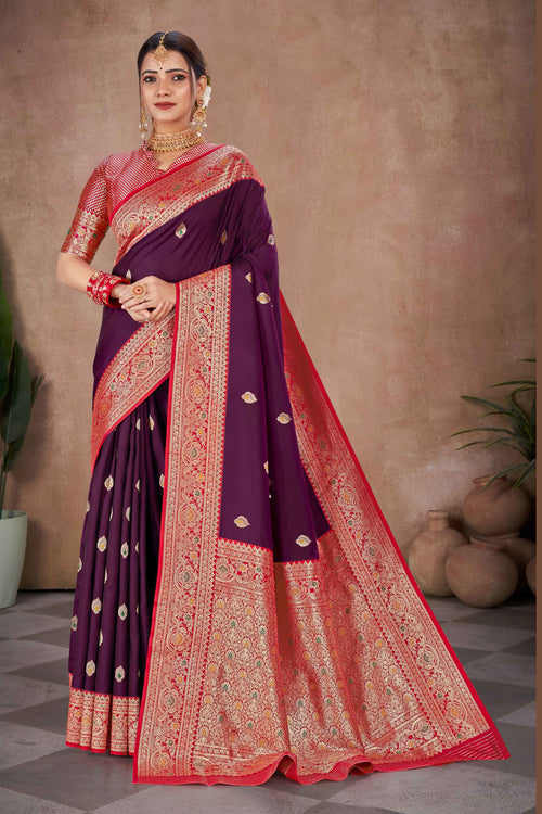 Wine With Red Banarasi Silk Weaved Broad Border Saree