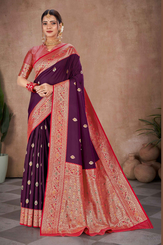 Wine With Red Banarasi Silk Weaved Broad Border Saree