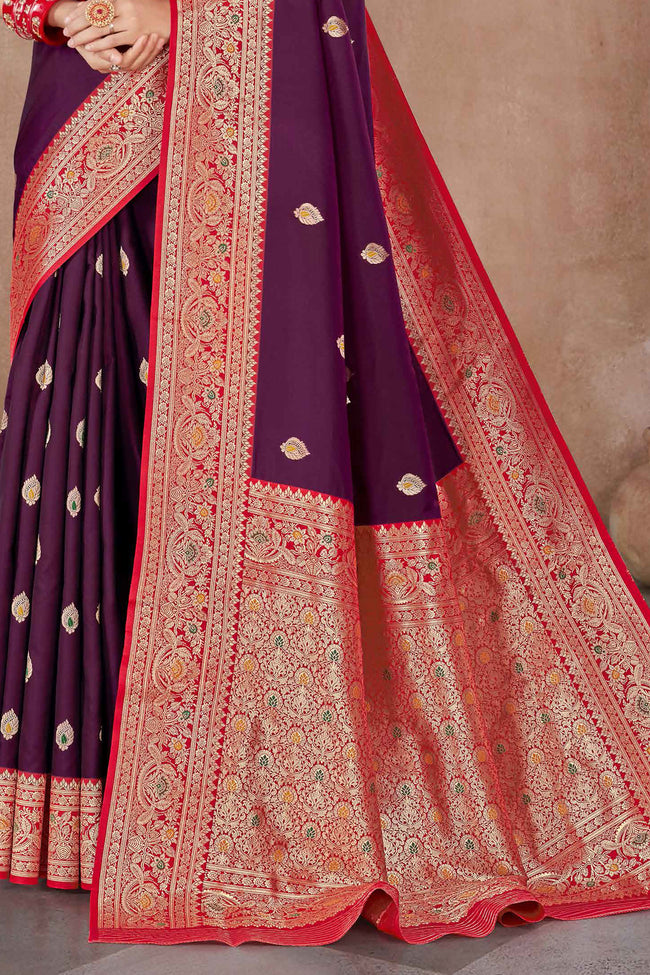 Wine With Red Banarasi Silk Weaved Broad Border Saree