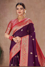 Wine With Red Banarasi Silk Weaved Broad Border Saree