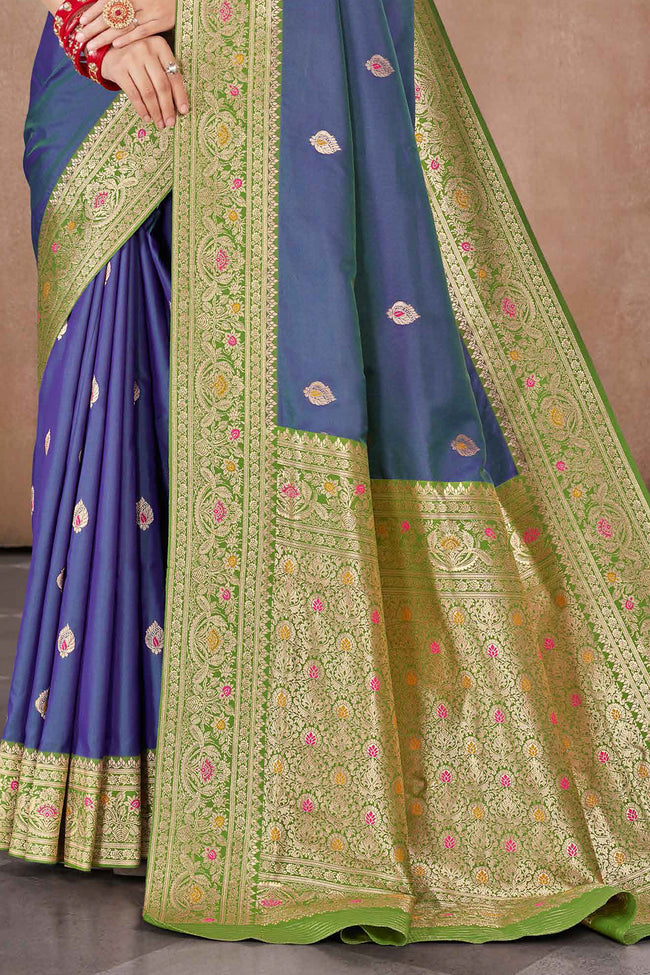 Indigo Blue With Olive Banarasi Silk Weaved Broad Border Saree