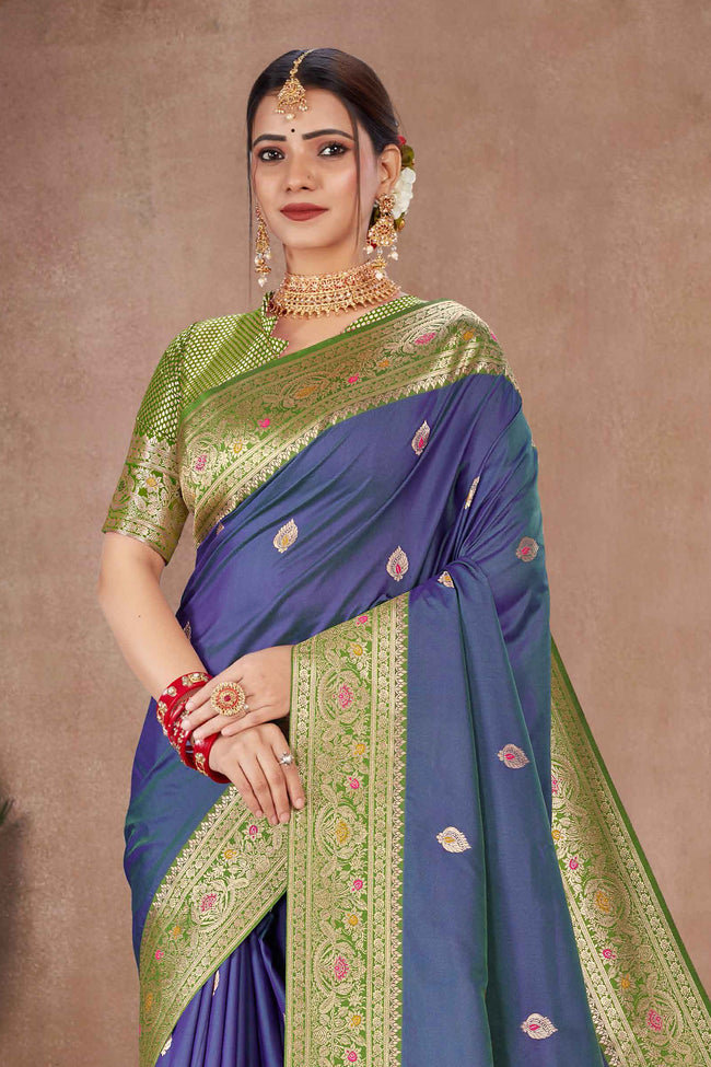 Indigo Blue With Olive Banarasi Silk Weaved Broad Border Saree