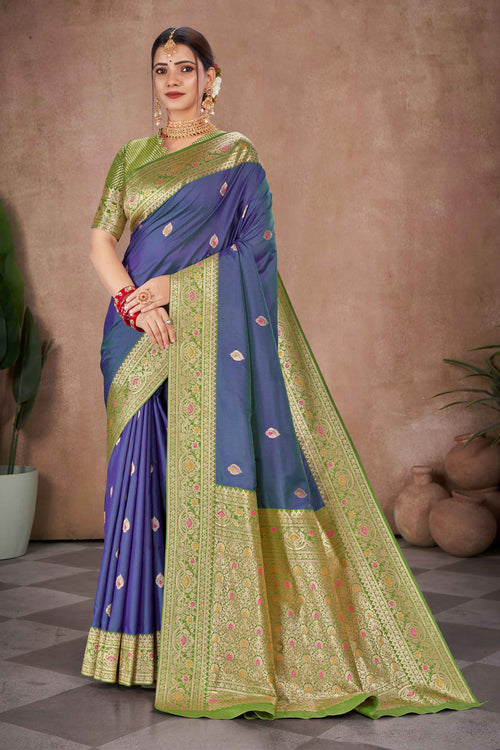 Indigo Blue With Olive Banarasi Silk Weaved Broad Border Saree