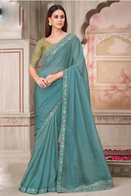 Aqua Blue Georgette Silk Embroidered Wedding Wear Saree With Tussar Silk Blouse