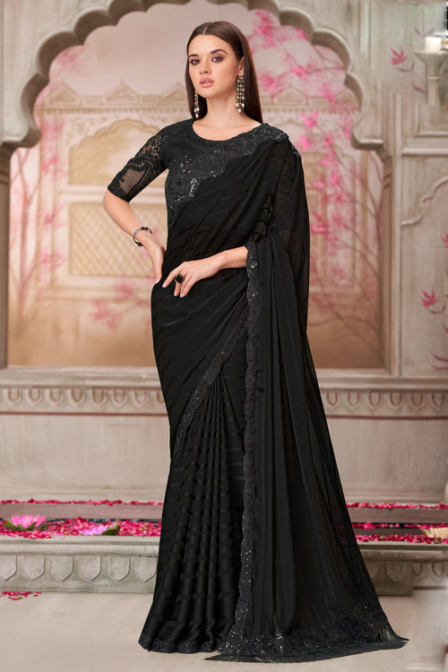Classy Black Georgette Embroidered Wedding Wear Saree With Tussar Silk Blouse