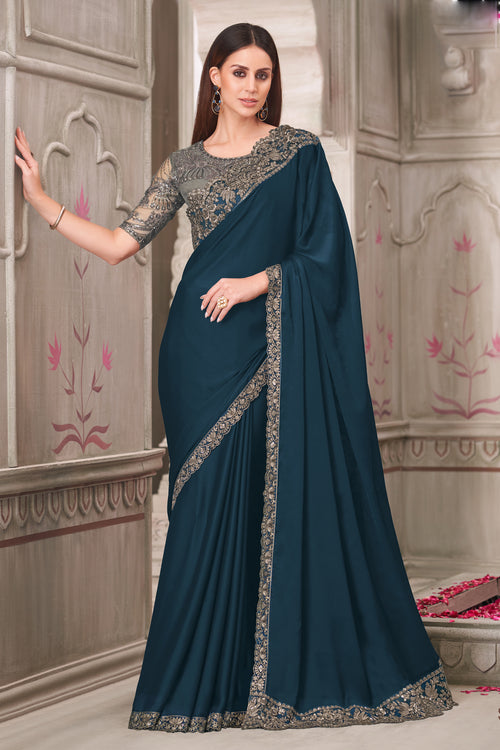 Blue Satin Georgette Embroidered Wedding Wear Saree With Tussar Silk Blouse