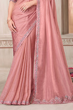Powder Pink Satin Georgette Embroidered Wedding Wear Saree With Tussar Silk Blouse