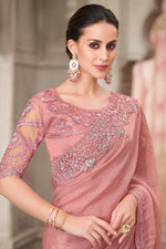 Powder Pink Satin Georgette Embroidered Wedding Wear Saree With Tussar Silk Blouse
