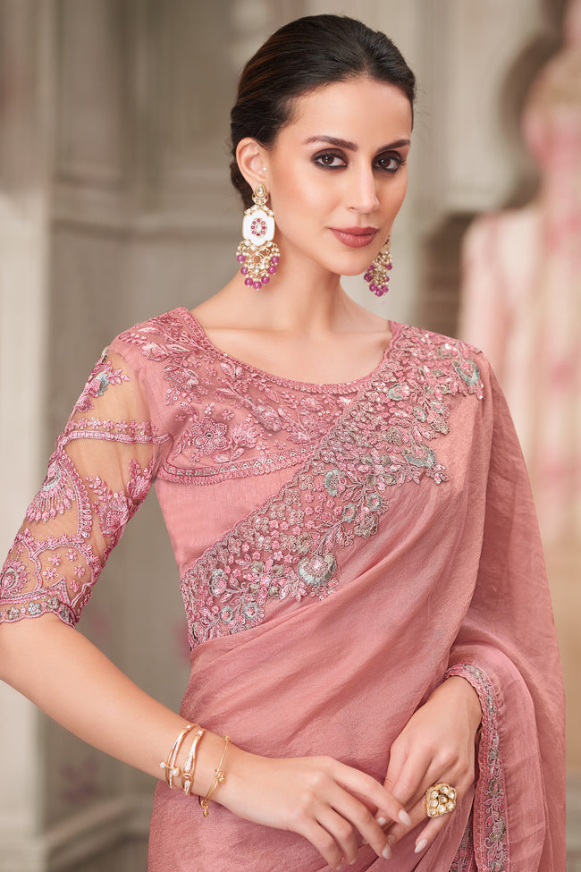 Powder Pink Satin Georgette Embroidered Wedding Wear Saree With Tussar Silk Blouse