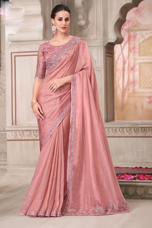 Powder Pink Satin Georgette Embroidered Wedding Wear Saree With Tussar Silk Blouse