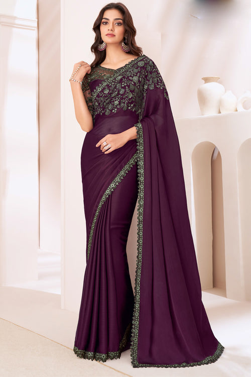 Purple Wine Satin Chiffon Sequins Embroidered Wedding Saree With Blouse