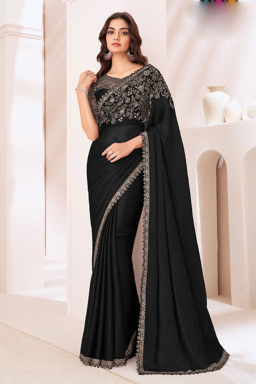 Black Satin Chiffon Sequins Embroidered Wedding Saree With Blouse