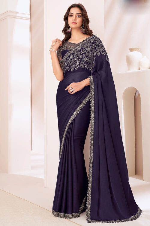 Navy Blue Satin Chiffon Sequins Embroidered Wedding Saree With Blouse