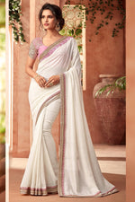 Off White Floral Embroidered Lace Work Silk Saree