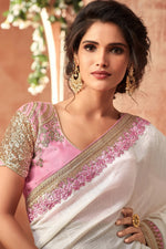 Off White Floral Embroidered Lace Work Silk Saree