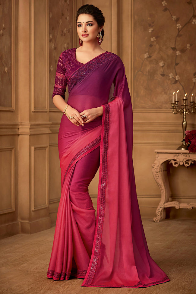 Red Embroidered Border Satin Georgette Saree