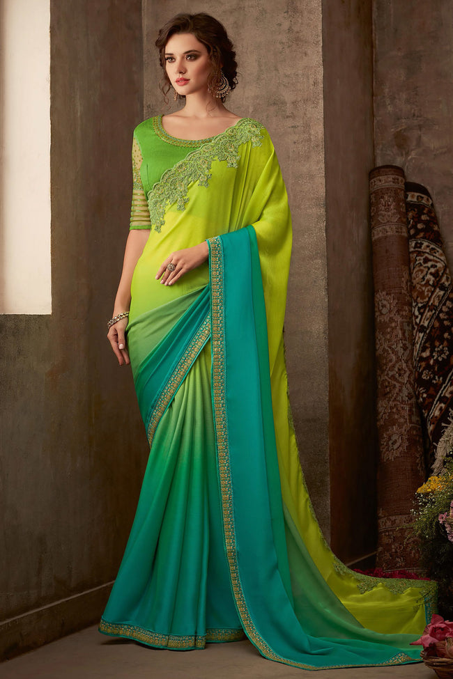 Kelly Green Embroidered Border Satin Georgette Scalloped Saree