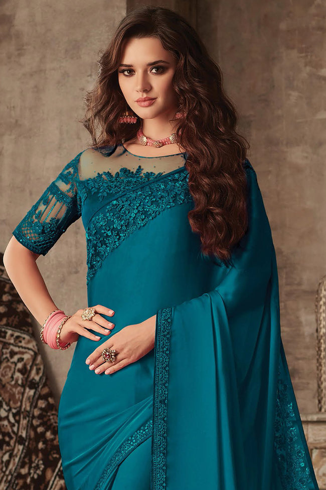 Rama Blue Embroidered Border Satin Georgette Saree