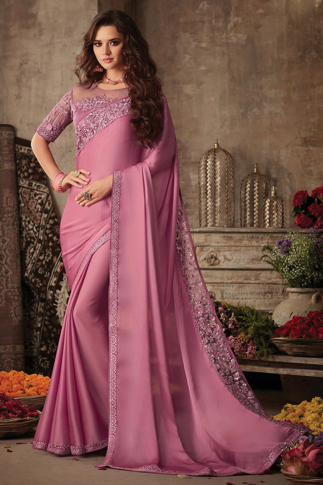 Taffy Pink Embroidered Border Chiffon Shimmer Saree