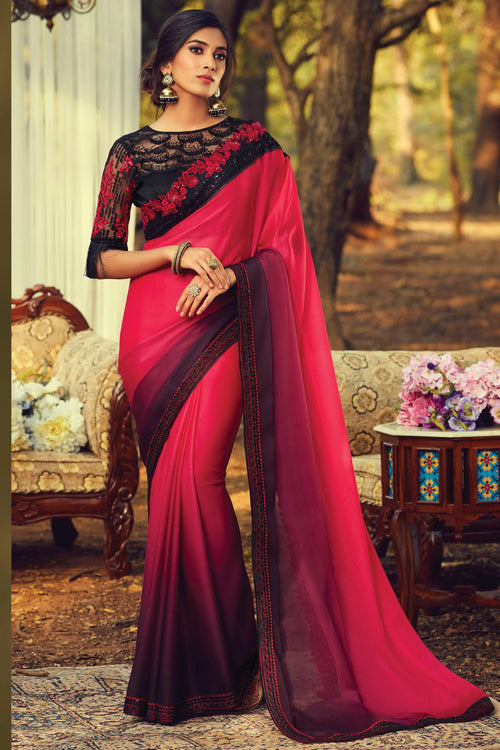 Red With Black Georgette Designer Saree And Embroidery Net Blouse Piece