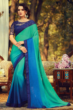 Sea Green & Blue Satin Silk Saree With Embroidered Border And Blouse Piece