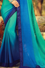 Sea Green & Blue Satin Silk Saree With Embroidered Border And Blouse Piece