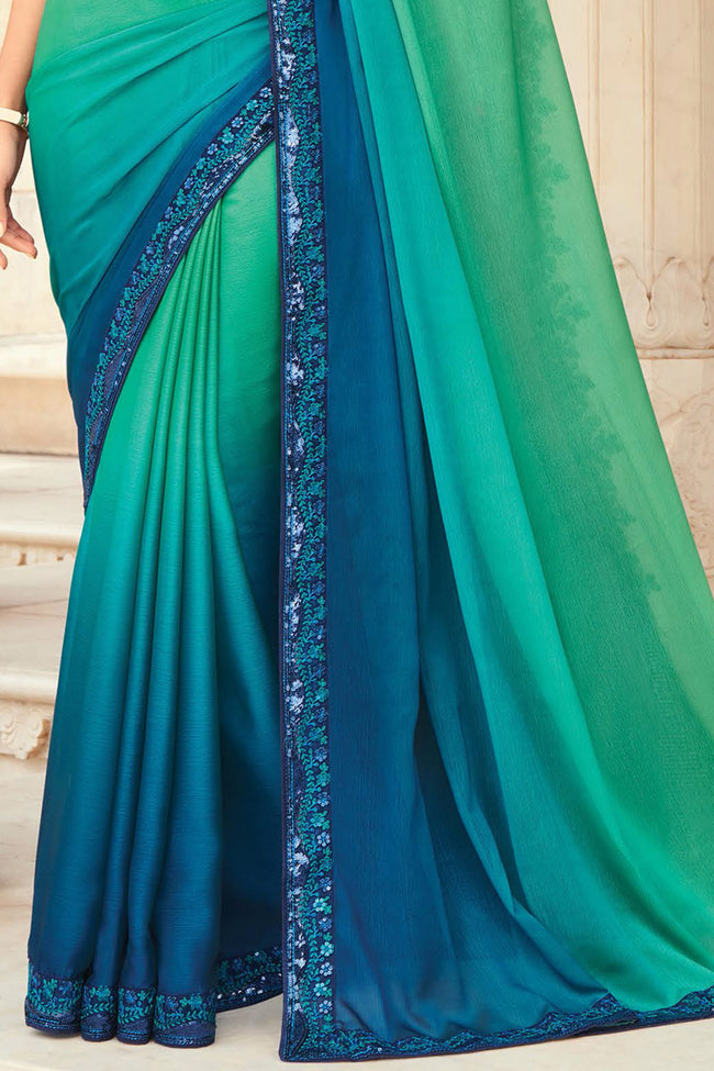 Mint Green Satin Silk Saree With Embroidered Border And Blouse Piece