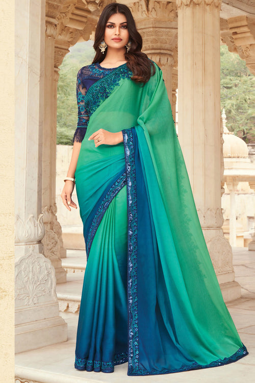 Mint Green Satin Silk Saree With Embroidered Border And Blouse Piece
