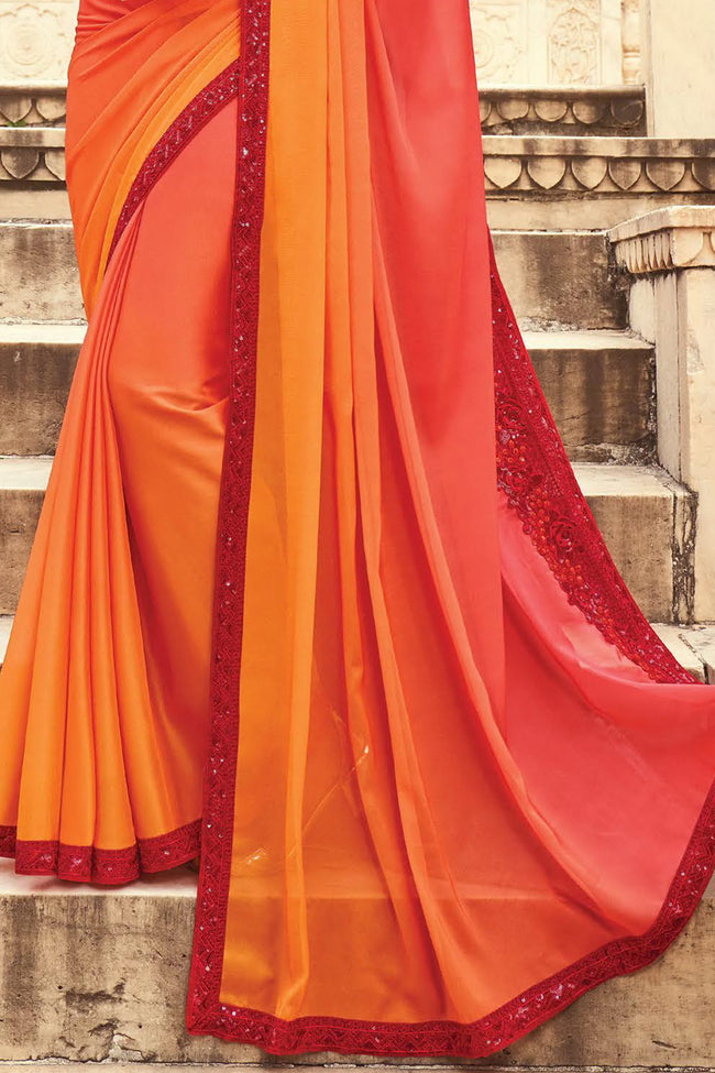 Orange Georgette Saree With Embroidery Blouse Piece