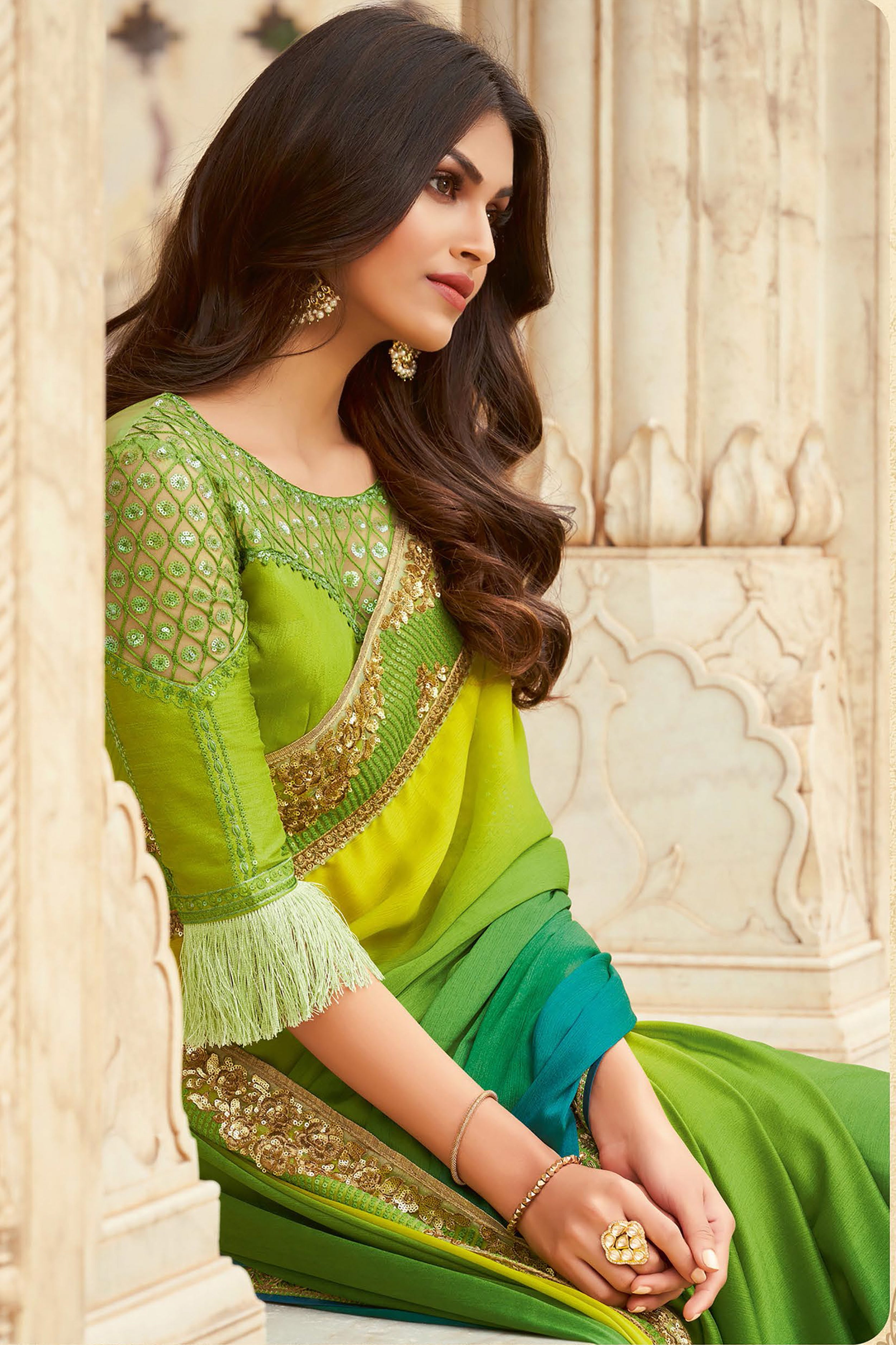 Green Two Tone Georgette Saree And Selfie Silk & Net Blouse Piece –  paanericlothing