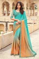 Teal Green Satin Georgette Saree With Embroidered Border, Dupion Silk & Net Blouse Piece