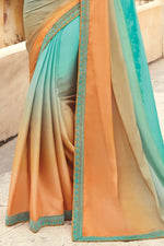 Teal Green Satin Georgette Saree With Embroidered Border, Dupion Silk & Net Blouse Piece