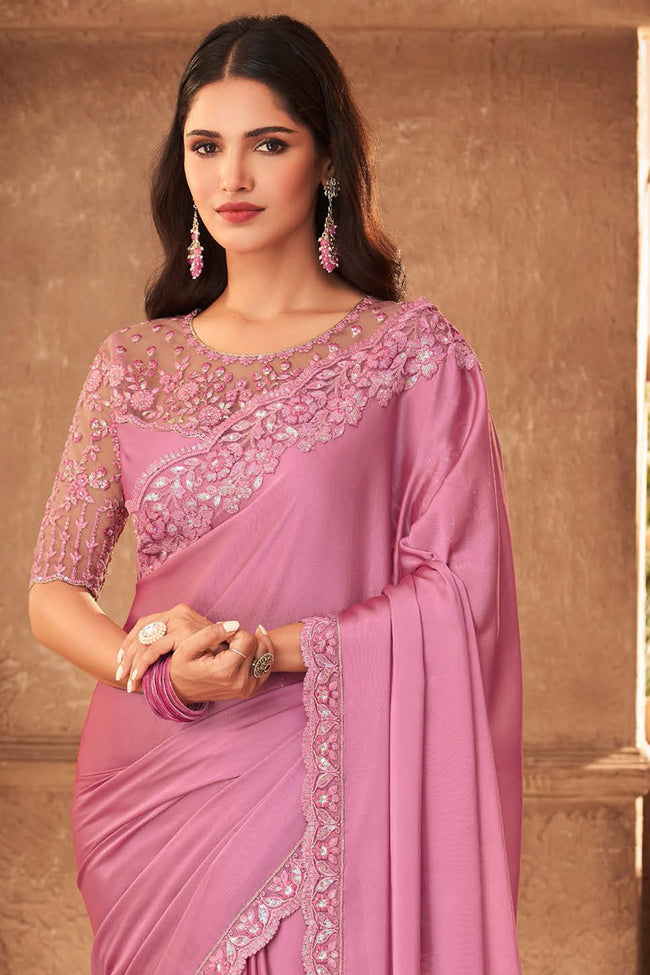 Light Pink Soft Silk Saree With Embroidered Border, Dupion Silk & Net Blouse Piece
