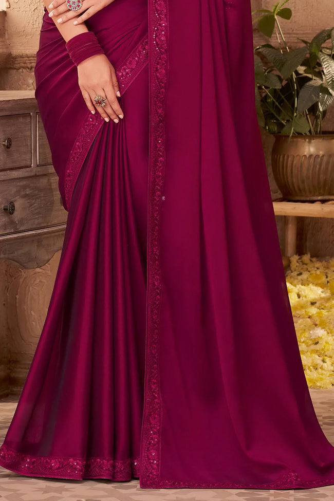 Maroon Georgette Two Tone Saree With Embroidered Border, Dupion Silk & Net Blouse Piece
