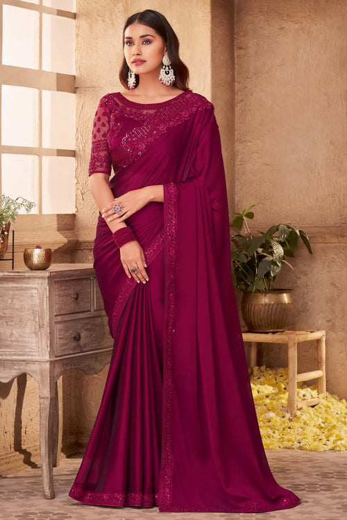 Maroon Georgette Two Tone Saree With Embroidered Border, Dupion Silk & Net Blouse Piece