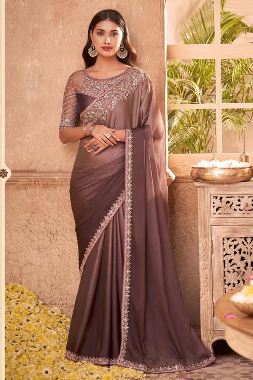 Light Brown Silk Saree With Embroidery & Sequence Work Border And Embroidery & Sequence Work Blouse Piece