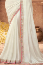 Off White Satin Georgette Saree With Embroidered Border, Dupion Silk & Net Blouse Piece