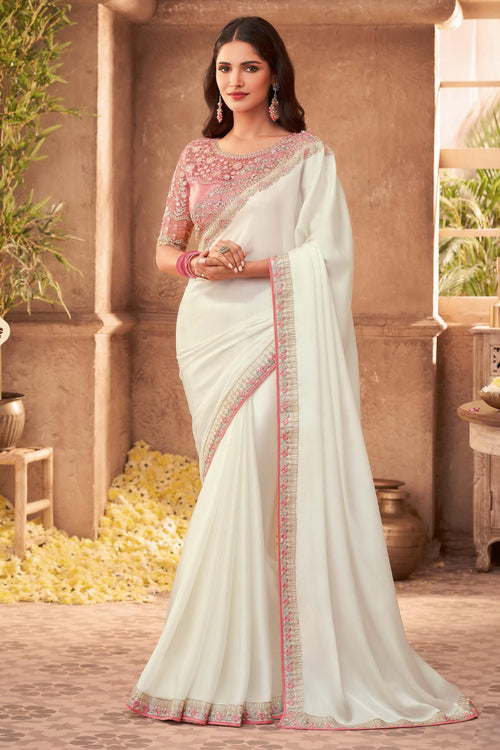 Off White Satin Georgette Saree With Embroidered Border, Dupion Silk & Net Blouse Piece