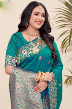 Teal Green Woven Design Zari Banarasi Art Silk Saree