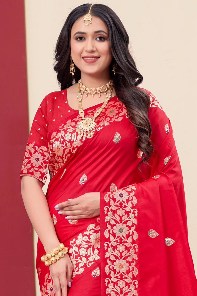 Red Woven Design Zari Banarasi Art Silk Saree
